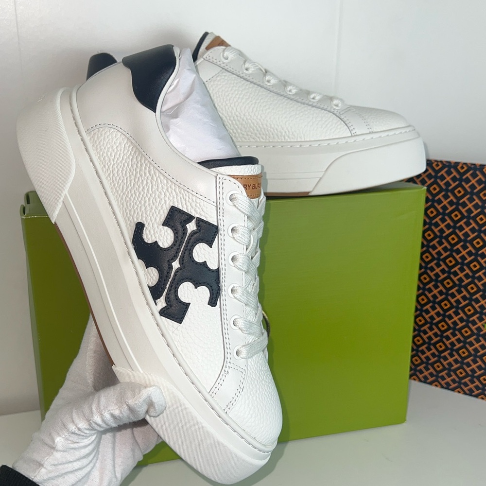 Tory Burch White and Navy Leather Sneakers - Picture 12 of 16